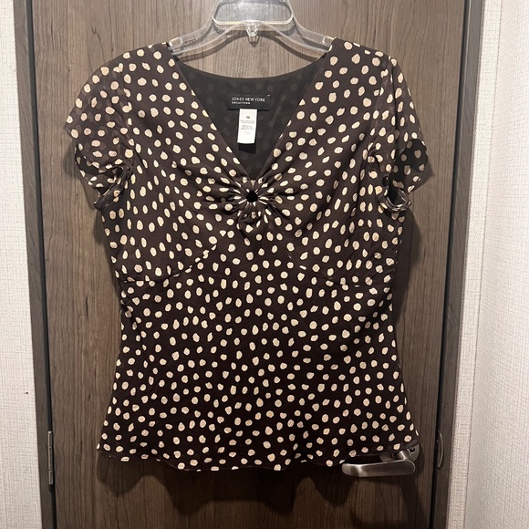 Jones New York 100% Silk Brown & Cream Polka Dot 2-Piece Set Size 10 - Picture 2 of 6